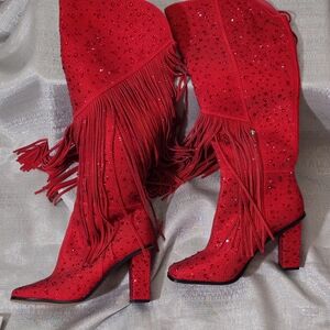 Jessica Simpson Red Sequin Fringe Heeled Boots